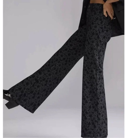 Anthropologie Maeve Jacquard Black Gray Floral Paisley Flare Wide Leg Pants 0 - Picture 2 of 7
